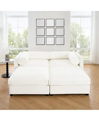Crafted White Chenille 2-Seater Sofa with Storage Ottomans