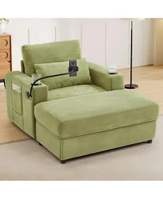 Fresh Stock Modern Green Armchair with Ottoman, USB Ports & Cup Holders