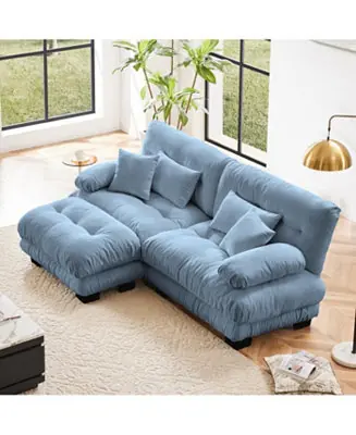 In Demand Cloud Couch Chenille Blue Sectional Sofa with Ottoman and Pillows