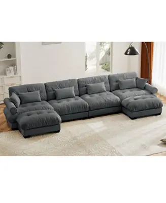 Latest U Shaped Sectional Sofa Cloud Couch with Movable Ottomans, Convertible 4 Seater Grey Velvet Couch.