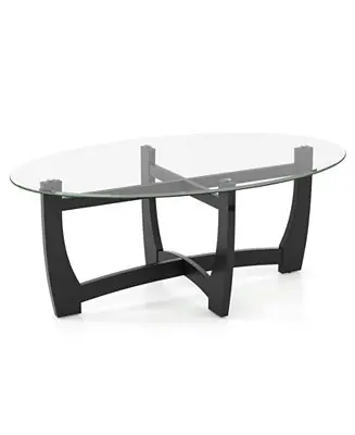 Oval Coffee Table with Tempered Glass Tabletop and Rubber Wood Legs Wholesale