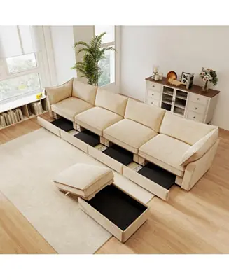 L-shaped Modular Sofa- Chenille, Wheat, Storage, Footstool Popular