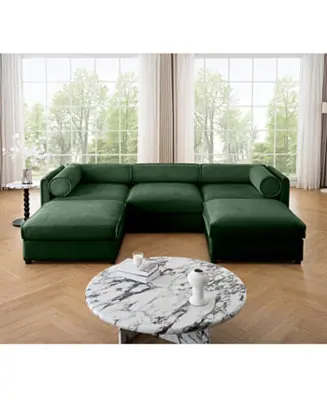 Next Day Delivery Elegant Green Chenille U-Shaped Sofa with Storage Seat and Ottoman