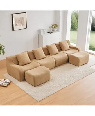 U-Shaped Boneless Sofa, Teddy Fabric, Camel Weekend Sale