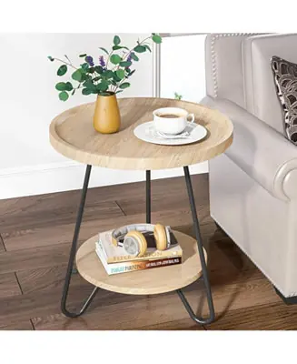 2-Tier Round Side Table with Metal Legs Small Accent End Table for Living Room, Bedroom, or Small Spaces Handmade