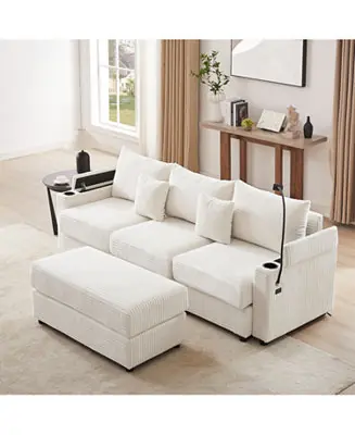 Modern 3-Seater Sectional Sofa w/ Ottoman, USB, Cup Holders. Bargain
