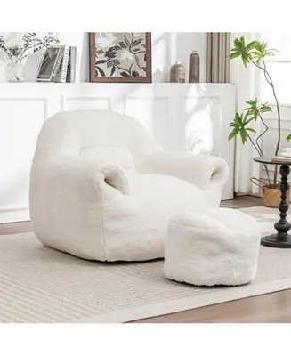 Modern Comfy Faux Fur Bean Bag Chair w/ Footstool