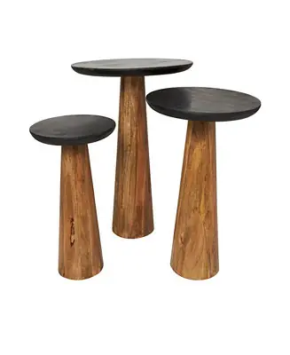 Next Day Delivery Set of 3 Mango Wood Handmade Cone Shaped Black Tabletops Accent Table