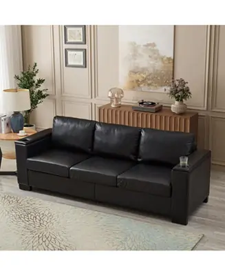 Modern Black Faux Sofa with Cup Holder & Storage Authentic
