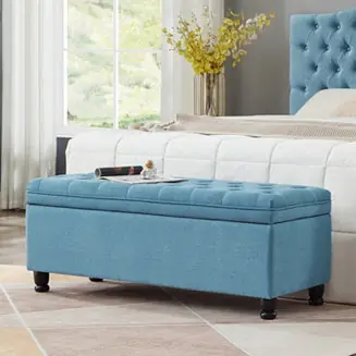 Button Tufted Storage Bench - Light Blue Linen Last Chance