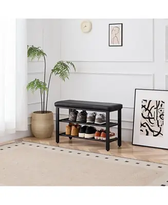 Shoe Bench with Seat Cushion, 3-Tier Shoe Rack, Metal Mesh Shelves Worldwide Shipping