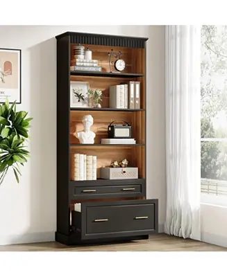 72" White 5-Shelf Bookcase with Drawers – Modern freestanding wood bookshelf for display and storage Low Price