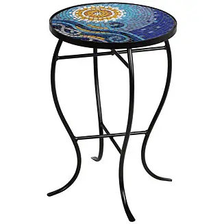 Ocean Modern Black Metal Round Outdoor Accent Side Table 14" Wide Blue Mosaic Tile Tabletop Gracefully Curved Legs Front Porch Patio Home House Balcony Deck Shed Yard Bulk Order