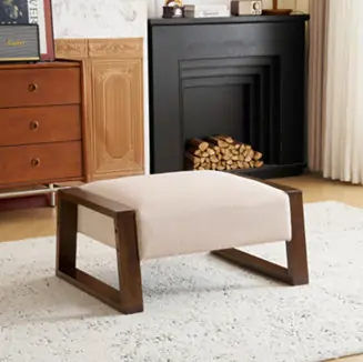 Warranty Included Vintage-Inspired Beige Ottoman with Wooden Legs, Stylish Footrest for Living Room, Bedroom, and Small Spaces