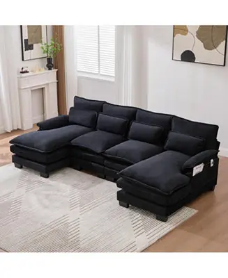 Latest U Shaped Cloud Couch, 110" Chenille Sectional Sofa with Double Chaise