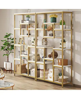 71" Gold Bookshelves Set of 2, 11-Tier Large Tall Open Display Bookshelf, Geometric Cubed Etagere Bookcase, Modern Book Shelf, Gold & White Shop Now