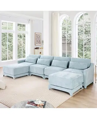 Price Drop Sky Blue Chenille 4-Seater Sofa with Ottoman