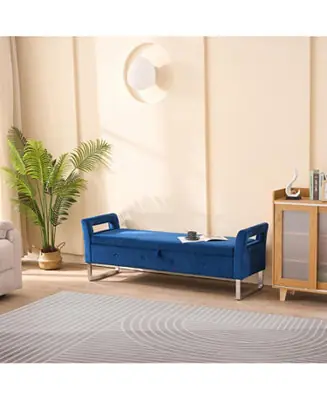 Next Day Delivery Navy Velvet Storage Bench with Armrests - 67.91" Wide