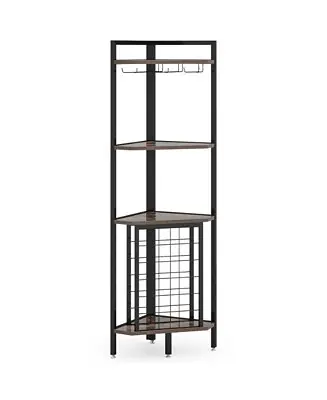 Corner Wine Rack with Glass Holder and Storage Shelves, 4 Tier Corner Bar Corner Wine Cabinet, Industrial Corner Wine Shelf for Living Room, Small Space (Brown) Same Day Shipping