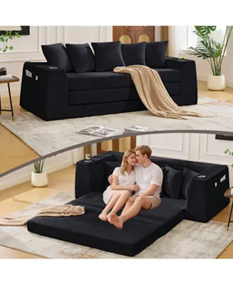 Direct From Manufacturer Corduroy Convertible Sofa Bed with 5 Pillows, Black
