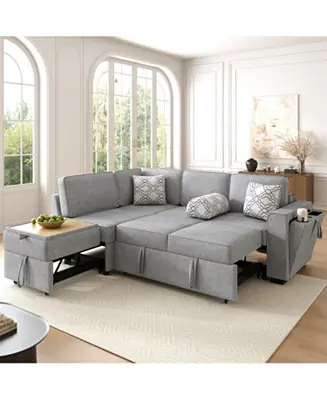Worldwide Shipping Convertible Sectional Sofa Bed w/ Pull-Out Sleepers, Table, USB, Storage