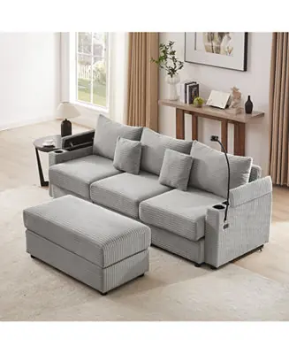Modern 3-Seater Sofa Sectional w/ Ottoman, USB, Cup Holders Cheap