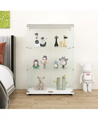 Crafted Two-door Glass Display Cabinet 3 Shelves with Door, Floor Standing Curio Bookshelf for Living Room Bedroom Office