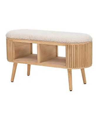 - White Bouclé and Wood Storage Bench Exotic Boho Entry No Minimum Order