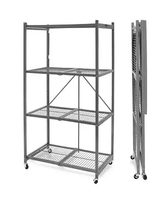 4 Tier Multipurpose Folding Storage Organizing Rack with Wheels, Gray Express Delivery