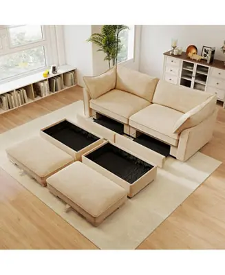 Chenille 2-Seater Sofa with Storage & Footstools - Wheat Premium