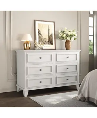 Popular 6 Drawer Dresser, Wooden Storage Chest of Drawers with Exquisite Metal Handles, Large Wide Dresser TV Stand