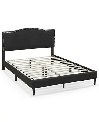 Queen Size Upholstered Bed Frame with Nailhead Trim Headboard-Queen Size Free Returns