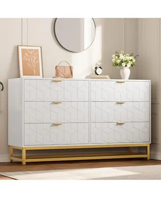 Crafted 53.5 Inch 6-Drawer Modern Dresser, Wide Chest with Gold Metal Legs & Handles, Storage for Bedroom, Living Room, Hallway, White